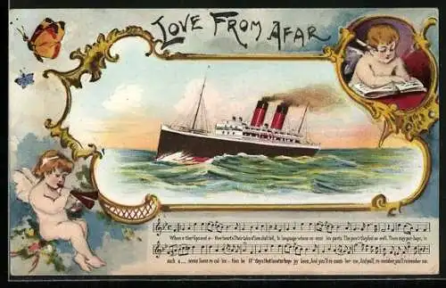 AK Engel mit Buch und Engel mit Posaune, Schiff auf hoher See, Love from Afar