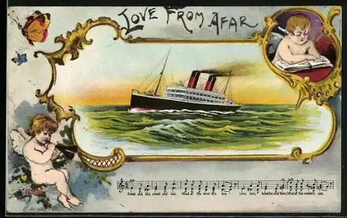 AK Engel mit Buch und Engel mit Posaune, Schiff auf hoher See, Love from Afar