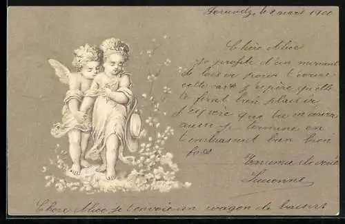 AK Engel und Kind laufen über eine Blumenwiese