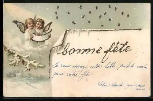 AK Zwei Weihnachtsengel singen zusammen, Bonne Fete