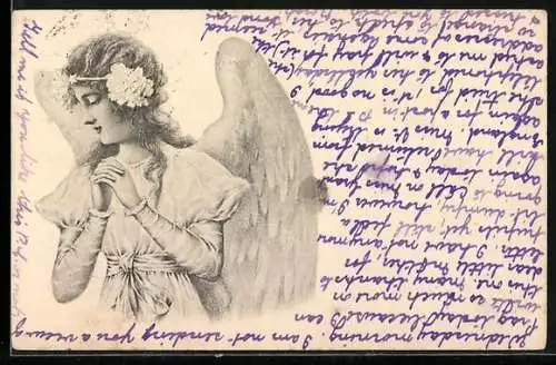 AK Engel mit hellem Kleid und Blumenschmuck