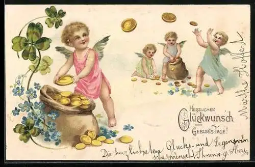 Präge-AK Vier Engel mit Goldmünzen, Herzlichen Glückwunsch zum Geburtstag