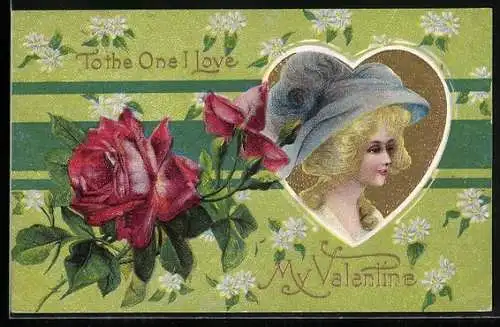 Präge-AK Portrait einer Frau in Herz-Passepartout mit Rose, To the One I love, My Valentine