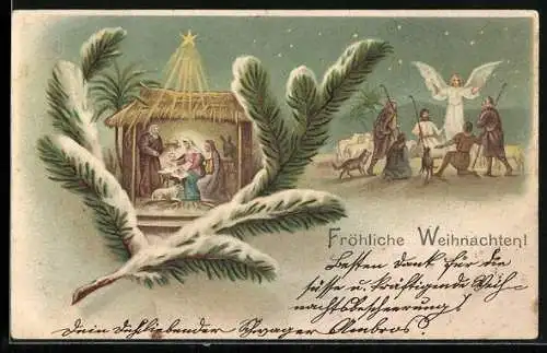 AK Weihnachtsengel segnet die Hirten, Jesus mit Maria und Josef im Stall
