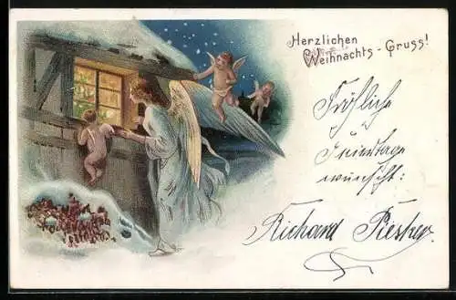 AK Weihnachtsengel blickt durch ein beleuchtetes Fenster