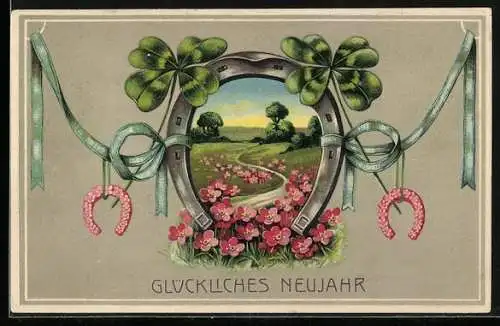 Präge-AK Flusslandschaft mit Hufeisen und Klee, Glückliches Neujahr