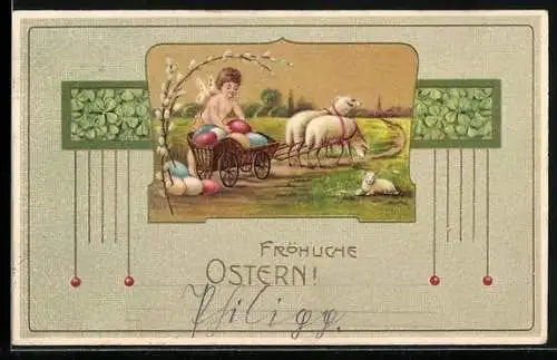 AK Fröhliche Ostern!, Wagen mit Ostereiern und Elfe von Lämmern gezogen, Schmuckrahmen mit Klee
