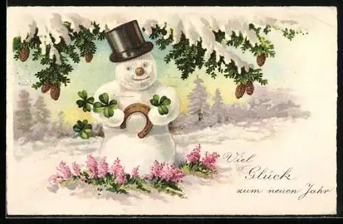 AK Schneemann mit Hufeisen und Tannenzweigen, Neujahr