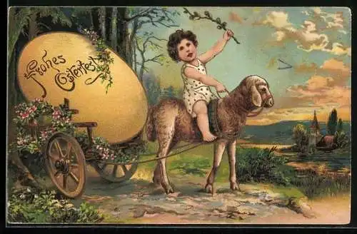 AK Lamm zieht einen Wagen mit einem riesigen Osterei, Ostern