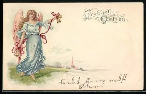 AK Osterengel mit Glocken, Fröhliche Ostern