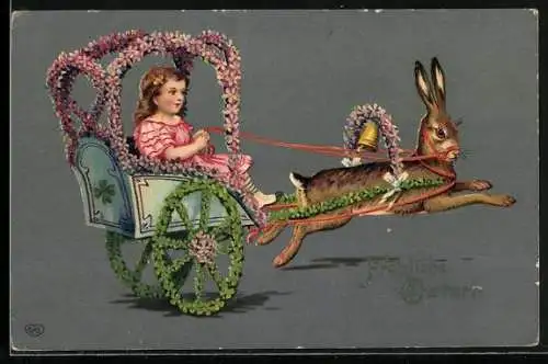 AK Kind sitzt in einer vom Osterhasen gezogenen Kutsche