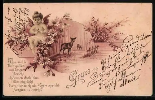 AK Engel mit Blumen und Rehe auf einer Wiese