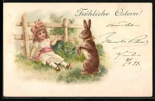 Lithographie Osterhase und kleines Mädchen