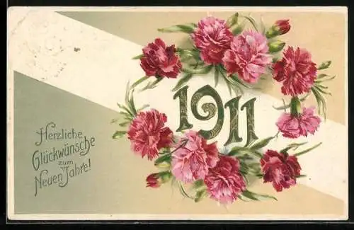 AK Jahreszahl 1911 umrahmt vom Blumen, Herzliche Glückwünsche zum Neuen Jahre