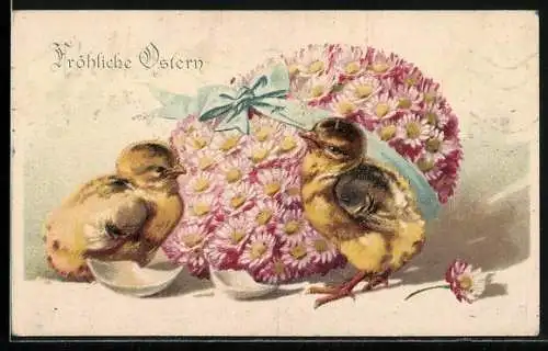 AK Zwei Osterküken mit Gänseblümchen, Fröhliche Ostern