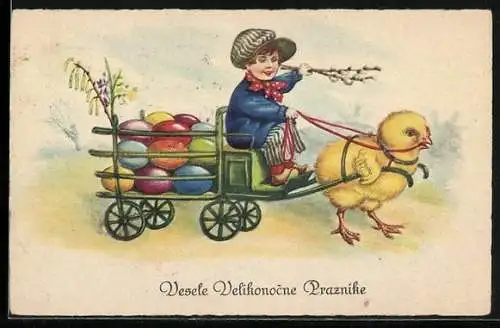 Lithographie Osterküken zieht Karren mit Ostereiern