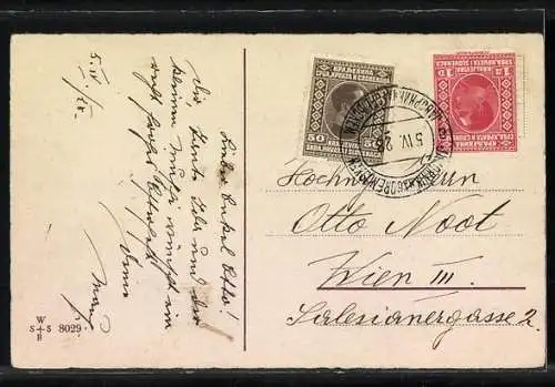 Lithographie Osterküken zieht Karren mit Ostereiern