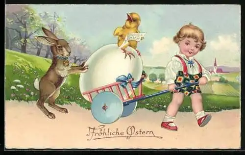 AK Kind und Osterhase bewegen einen Karren mit einem Ei und Osterküken