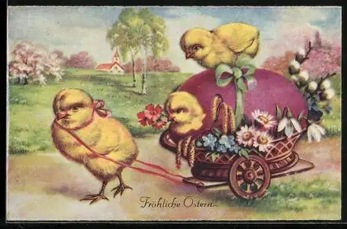 AK Drei Osterküken mit einem Wagen mit riesigem Osterei