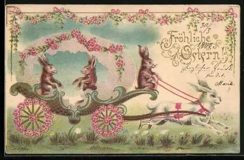 Lithographie Osterhasen fahren mit einer Osterhasenkutsche