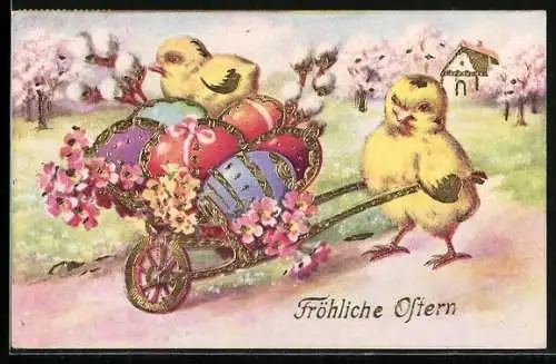 AK Zwei Osterküken mit einem Wagen voller Ostereier