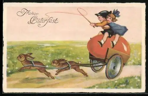 AK Kinder auf einem Osterei-Wagen mit zwei Osterhasen