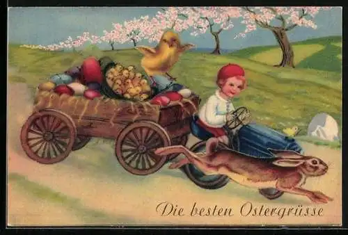 AK Osterhase rennt neben einem Karren mit Osterküken und Ostereiern