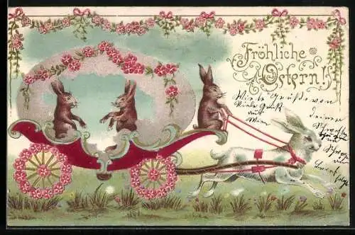 AK Osterei als Kutsche mit Blumenschmuck und Osterhasen