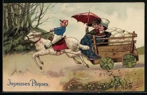 AK Schaf zieht eine Kutsche voller Ostereier