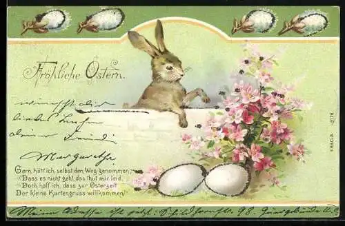 AK Osterhase an der Mauer und Eier, Ostergruss