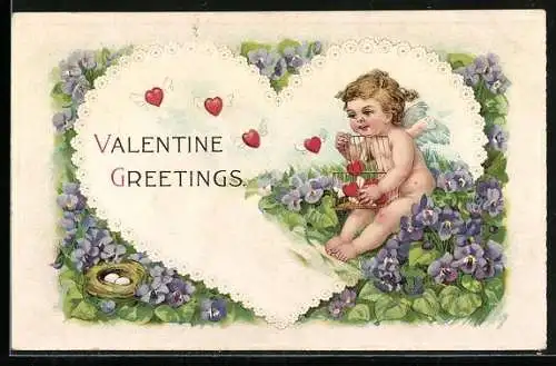 Präge-AK Engel lässt Herzen aus einem Käfig frei, Valentine Greetings