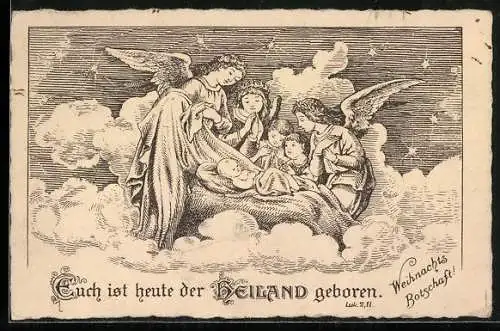 AK Weihnachtsengel versammelt um das Jesuskind