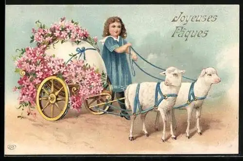 AK Kind mit Eier-Kutsche, die von zwei Schafen gezogen wird, Joyeusess Pâques