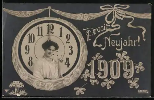 AK Jahreszahl 1909, Uhr und Schleifen, Prosit Neujahr