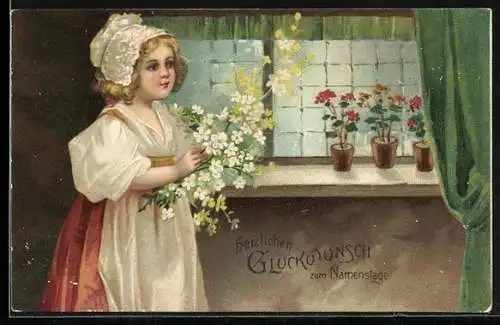 AK Mädchen mit Blumen am Fenster stehend