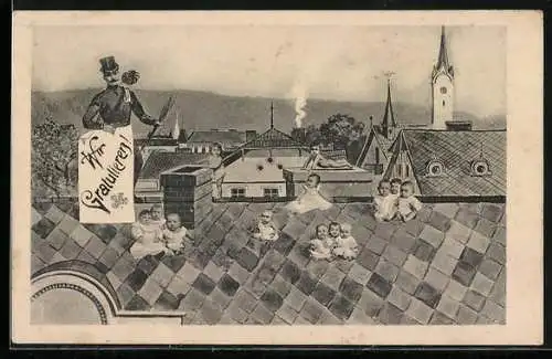Künstler-AK Brüder Kohn (B.K.W.I) Nr. 2529 /3: Babys mit Schornsteinfeger auf einem Dach