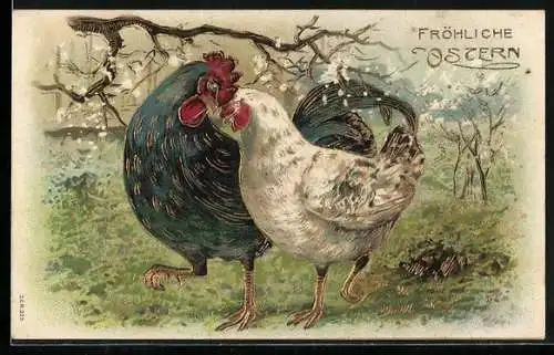 AK Hühner Liebespaar, Fröhliche Ostern