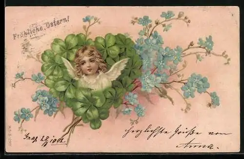 Lithographie Osterengel in Klee-Herz und Vergissmeinnicht, Fröhliche Ostern
