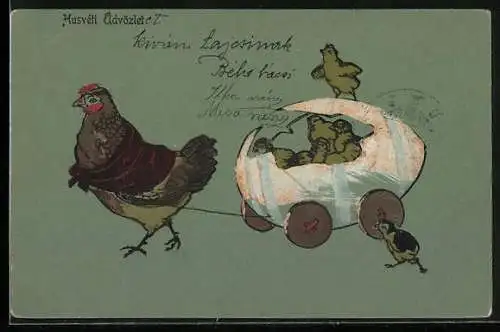 AK Henne mit Osterei-Kutsche voller Osterküken