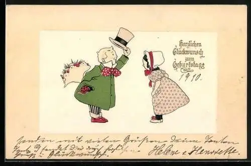 AK Junge mit Blumenstrauss hebt seinen Hut, Herzlichen Glückwunsch zum Geburtstag