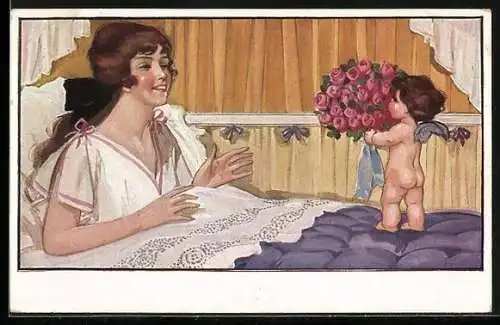 AK Engel bringt einer Frau einen Strauss Rosen