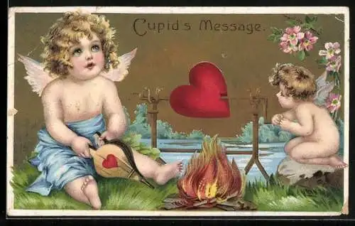 AK Zwei Engel mit einem Herz über dem Feuer, Cupids Message