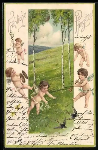 Künstler-AK Kleine Engel musizieren an einer Wiese, Fröhliche Pfingsten
