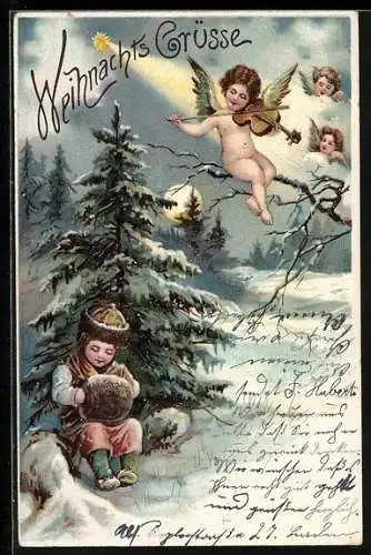 AK Weihnachtsengel spielt Violine im Winterwald