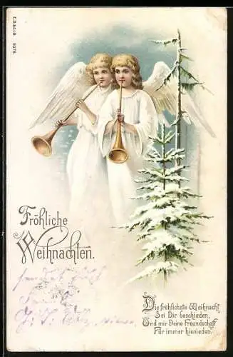 Lithographie Fröhliche Weihnachten, Weihnachtsengel mit Posaunen