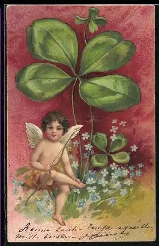 Künstler-AK Amor mit grossem Kleeblatt