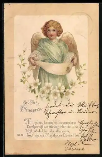 AK Engel hält eine Papierrolle, Fröhliche Pfingsten