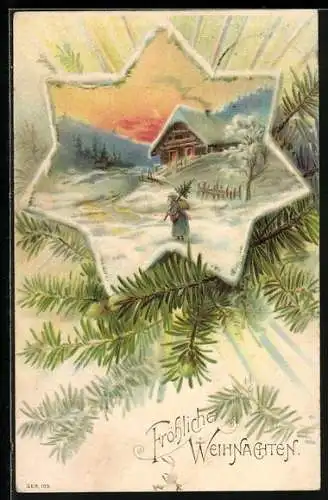 AK Mann trägt einen Weihnachtsbaum in verschneiter Landschaft, Fröhliche Weihnachten