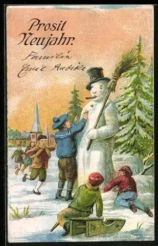 AK Prosit Neujahr, Kinder bauen einen Schneemann