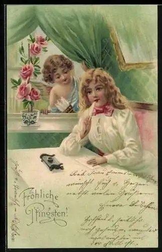 AK Fräulein und Amor, Fröhliche Pfingsten
